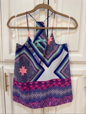 Karlie Printed Strappy Tank Top - Pink, Navy, Mint SZ Small